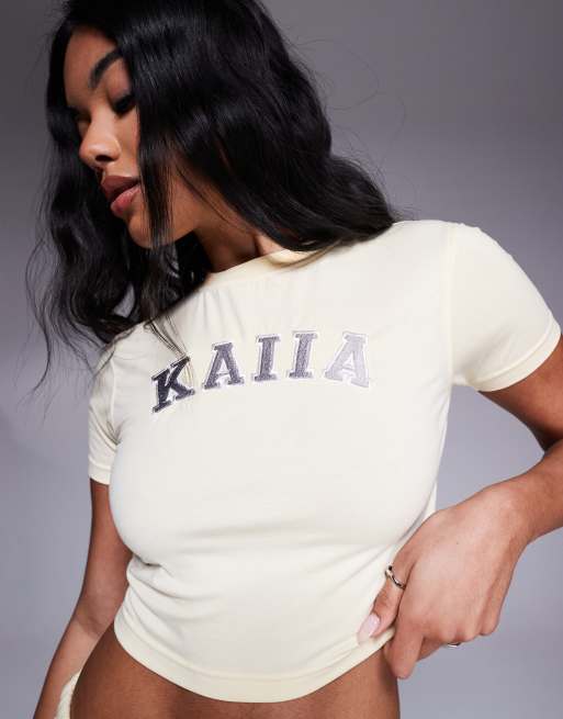Kaiia cotton rich baby tee co-ord in soft yellow and dark grey  , 3 of 4