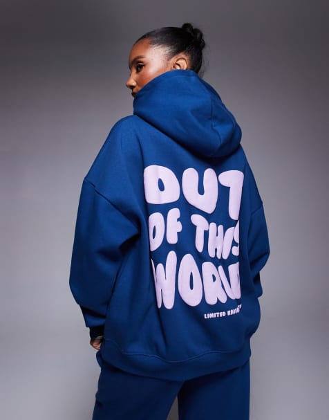 Kaiia cotton rich back graphic hoodie in cobalt blue - part of a set - view 1