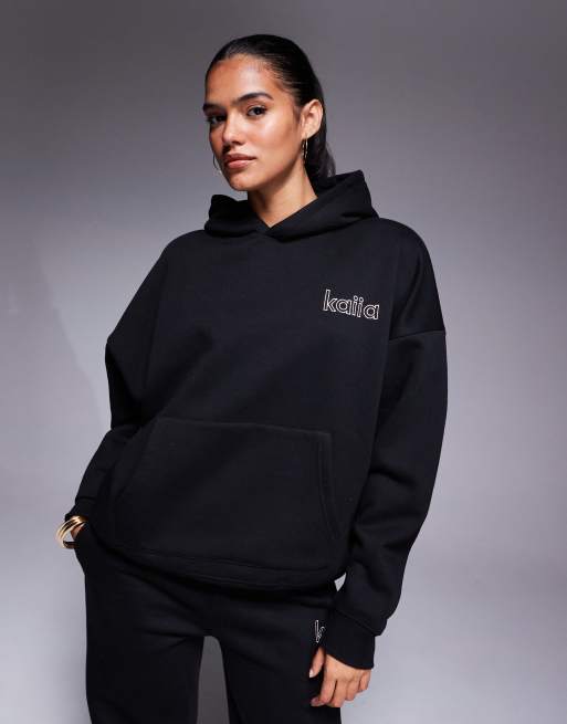 Kaiia cotton rich back logo detail oversized hoodie co-ord in black and pink  , 4 of 4