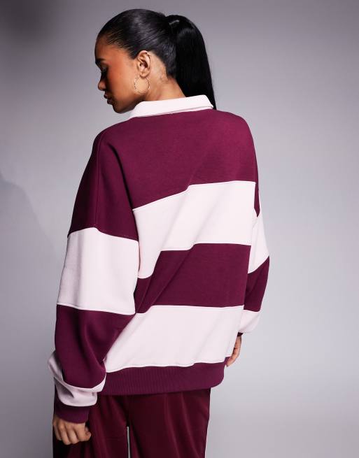 Kaiia – Cotton Rich – Bordowo-różowa bluza oversize w stylu rugby, w paski  , 2 z 4