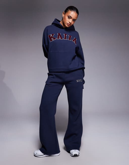 Kaiia cotton rich borg logo oversized hoodie in navy and red (part of a set)  , 2 of 4