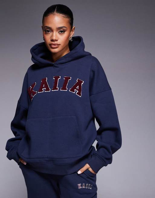 Kaiia cotton rich borg logo oversized hoodie in navy and red (part of a set)  , 3 of 4