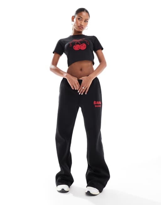 Kaiia cotton rich bow cherry motif cropped baby tee co-ord in black  , 2 of 4