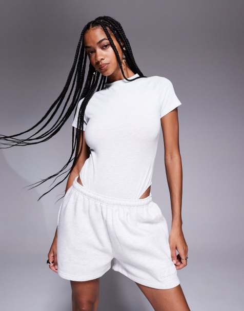 Kaiia cotton rich bubble embossed logo mini sweat shorts co-ord in light grey marl - view 1