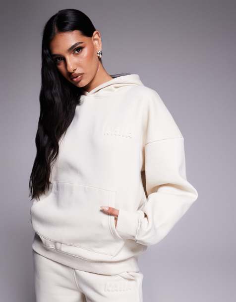 Kaiia cotton rich bubble embossed logo oversized hoodie in oat milk (part of a set) - view 1