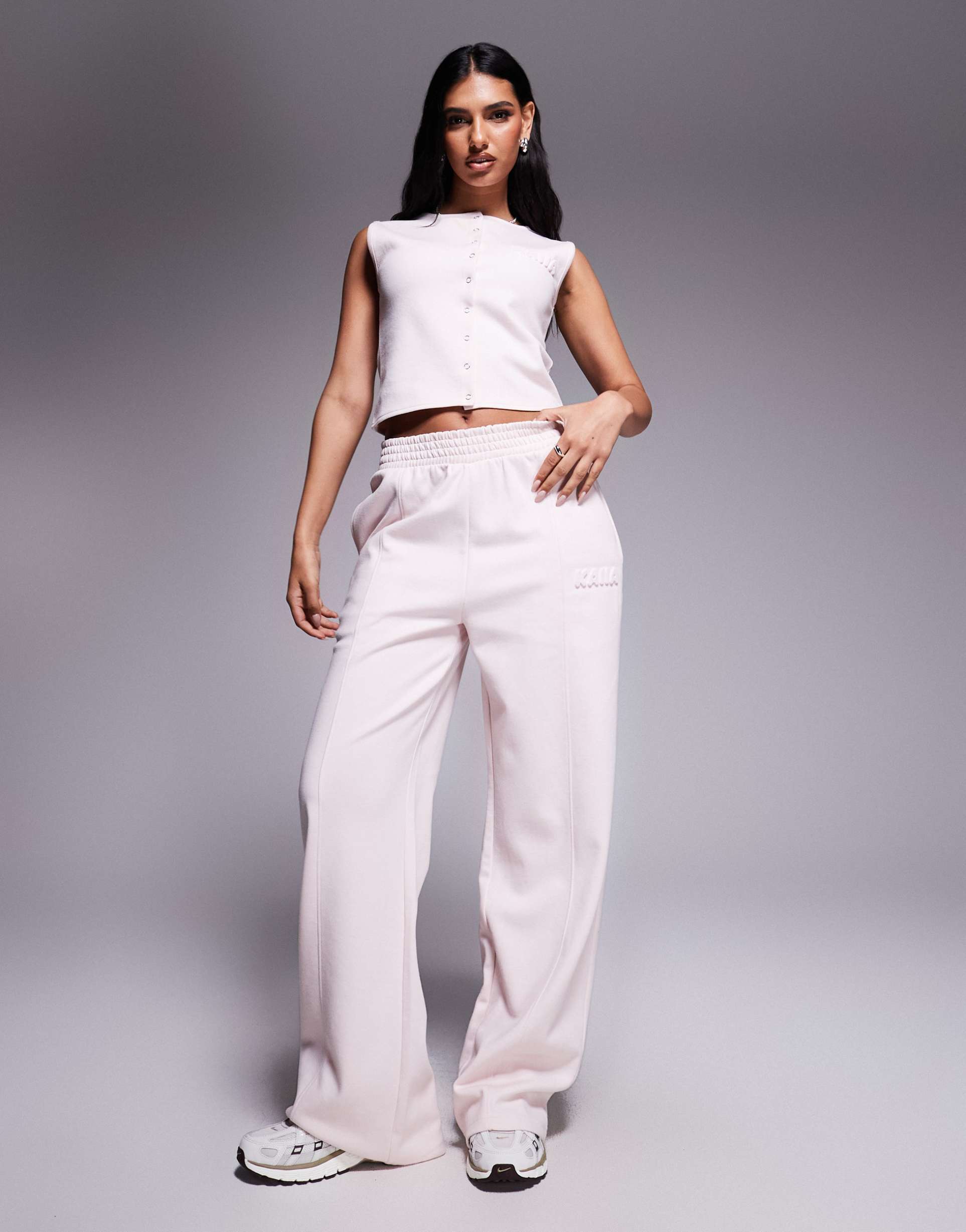 kaiia cotton rich bubble embossed logo seam detail wide leg sweatpants in light rose - part of a set