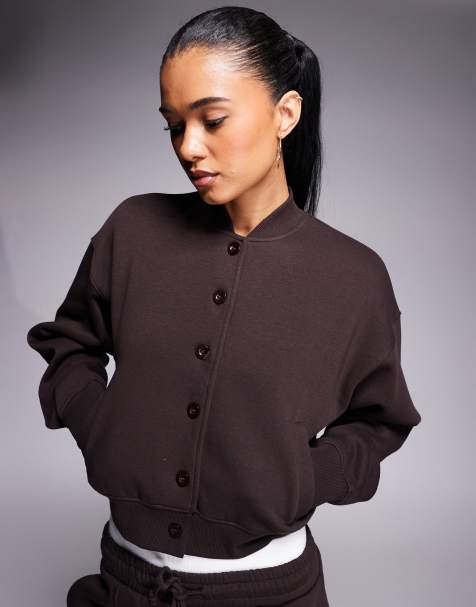 Kaiia cotton rich button up sweatshirt cardigan co-ord in chocolate  