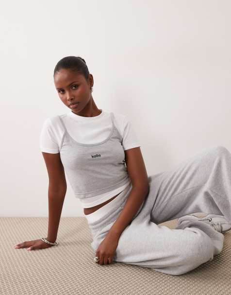 Kaiia cotton rich cap sleeve t-shirt and layered crop top co-ord in grey and white - view 1