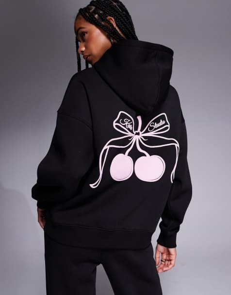 Kaiia cotton rich cherry bow back print hoodie in black and pink - part of a set - view 1