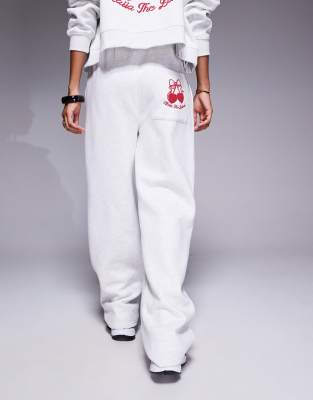 Kaiia Cotton Rich Cherry Print Pocket Detail Wide Leg Sweatpants In Gray