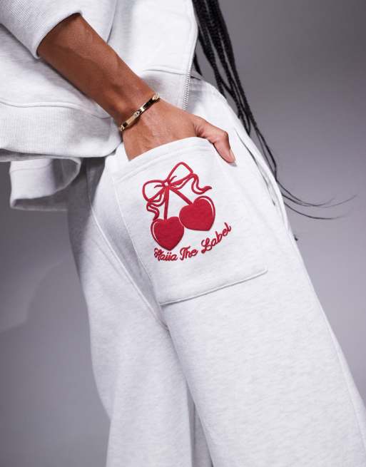 Kaiia cotton rich cherry print pocket detail wide leg sweatpants in heather gray and red - part of a set  