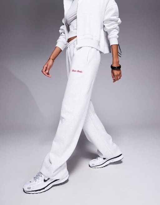 Kaiia cotton rich cherry print pocket detail wide leg sweatpants in heather gray and red - part of a set  
