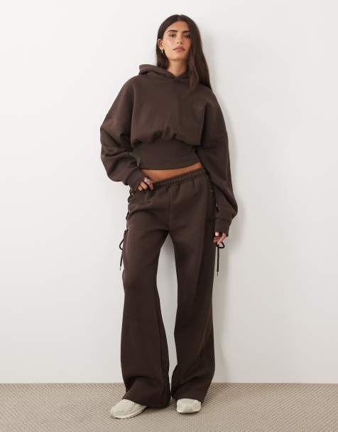 Kaiia cotton rich cinched waist lace up corset detail hoodie and joggers in chocolate - view 1
