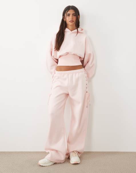 Kaiia cotton rich cinched waist lace-up corset detail hoodie and sweatpants in strawberry milkshake - view 1