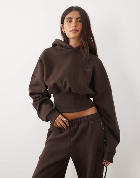 Kaiia cotton rich cinched waist lace up corset detail hoodie co-ord in chocolate - view 1
