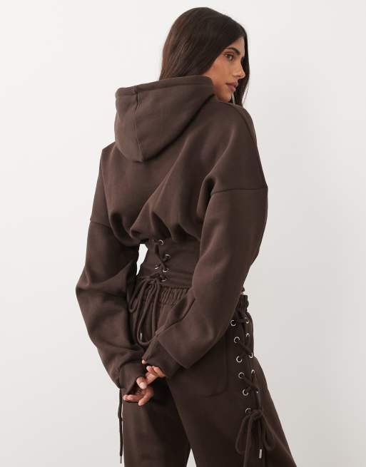 Kaiia cotton rich cinched waist lace up corset detail hoodie co