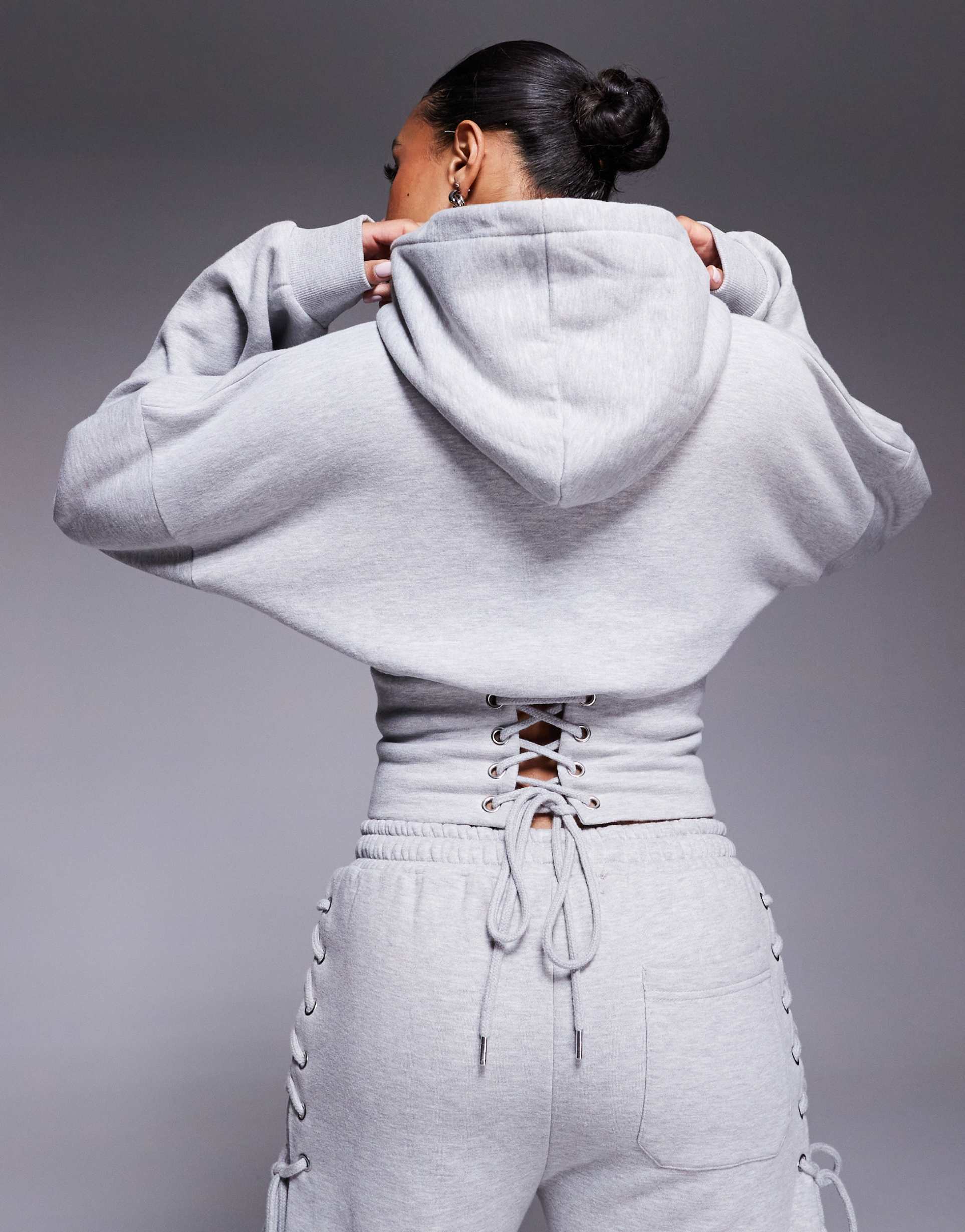 kaiia cotton rich cinched waist lace up corset detail hoodie in mid gray - part of a set
