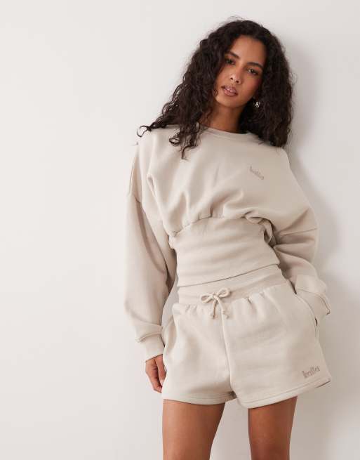 Kaiia cotton rich cinched waist sweat shorts co-ord in beige, 2 of 5