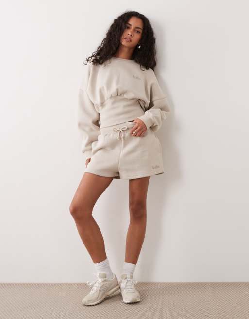 Kaiia cotton rich extreme oversized sleeve cinched waist sweatshirt, shorts and sweatpants set in beige, 2 of 4