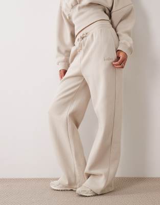 Kaiia Cotton Rich Cinched Waist Wide Leg Sweatpants In Neutral