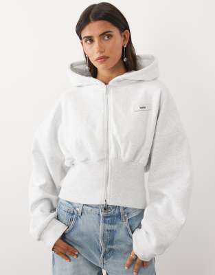 Kaiia Cotton Rich Cinched Waistband Drop Shoulder Zip Through Hoodie In Gray