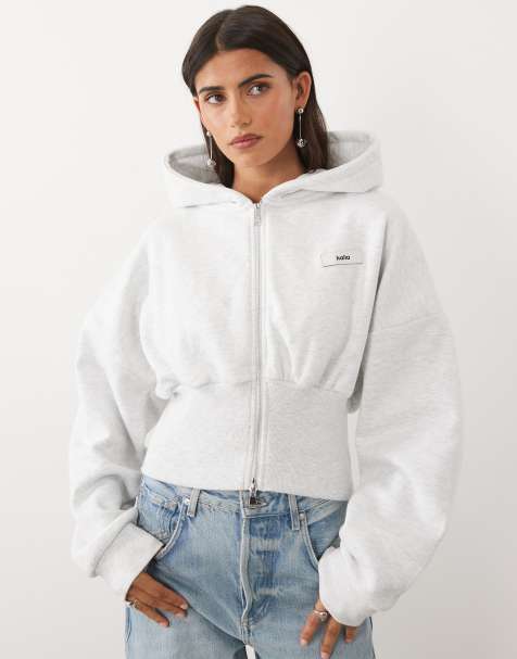 Kaiia cotton rich cinched waistband drop shoulder zip through hoodie in light gray - view 1