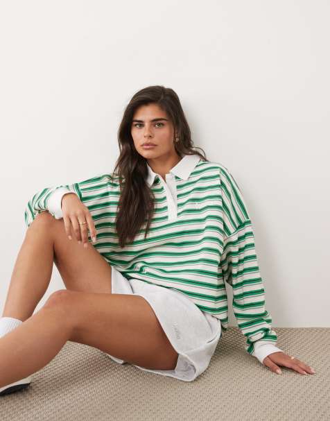 Kaiia cotton rich collar detail oversized rugby shirt in green and cream stripe - view 1