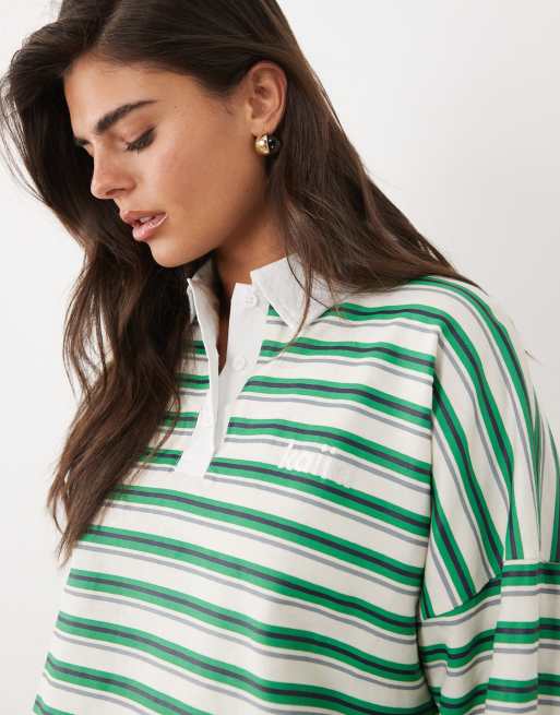 Kaiia cotton rich collar detail oversized rugby shirt in green and cream stripe, 2 of 4