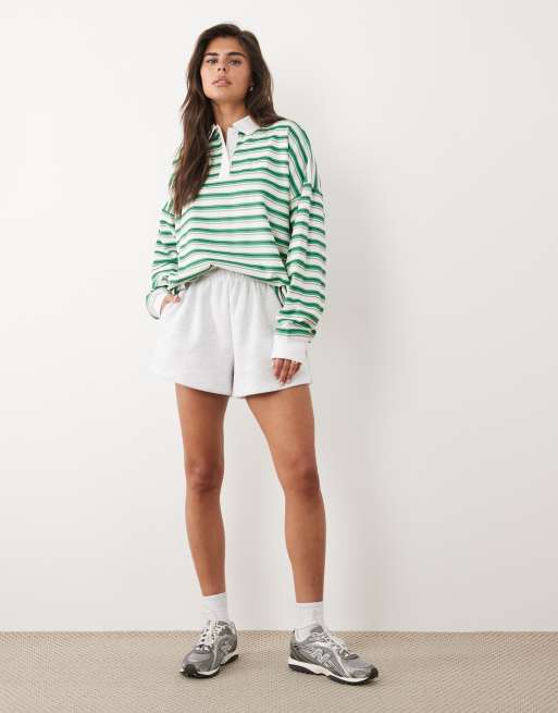 Kaiia cotton rich collar detail oversized rugby shirt in green and cream stripe, 3 of 4