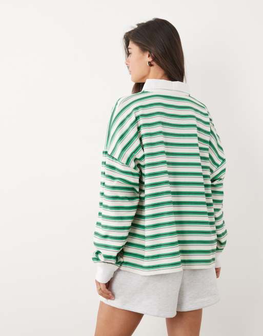 Kaiia cotton rich collar detail oversized rugby shirt in green and cream stripe, 4 of 4