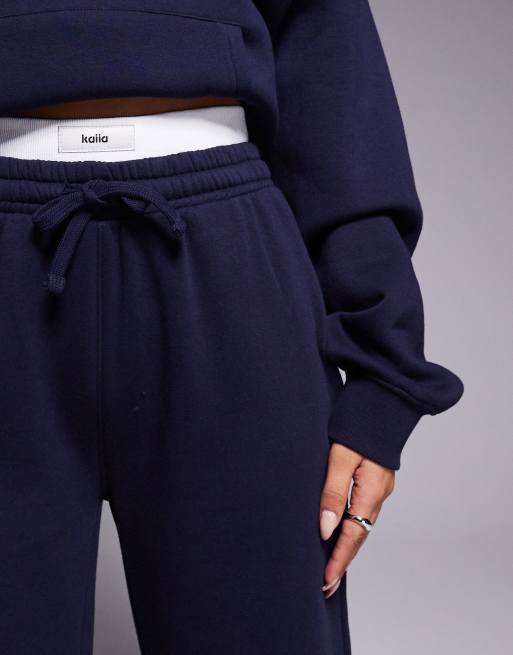 Kaiia cotton rich contrast logo waistband wide leg jogger co-ord in navy  , 5 of 5