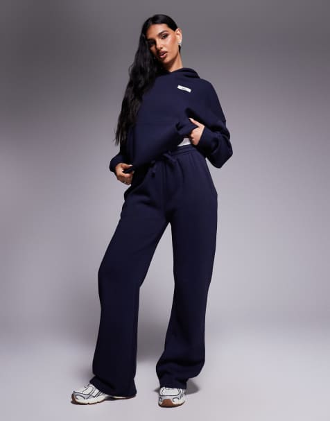 Kaiia cotton rich contrast logo waistband wide leg sweatpants in navy - part of a set - view 1