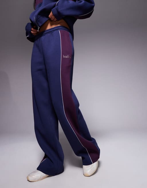 Kaiia cotton rich contrast side stripe wide leg joggers co-ord in navy and burgundy  , 3 of 6