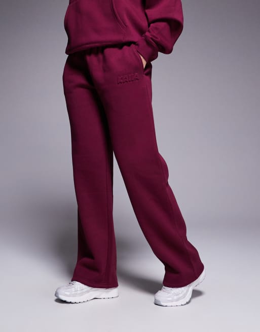 Kaiia cotton rich embossed logo wide leg jogger co-ord in burgundy, 2 of 5