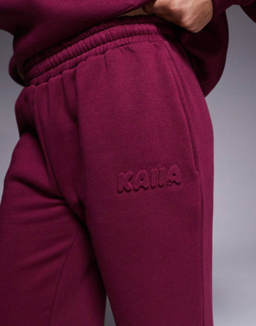 Kaiia cotton rich embossed logo wide leg jogger co-ord in burgundy, 5 of 5