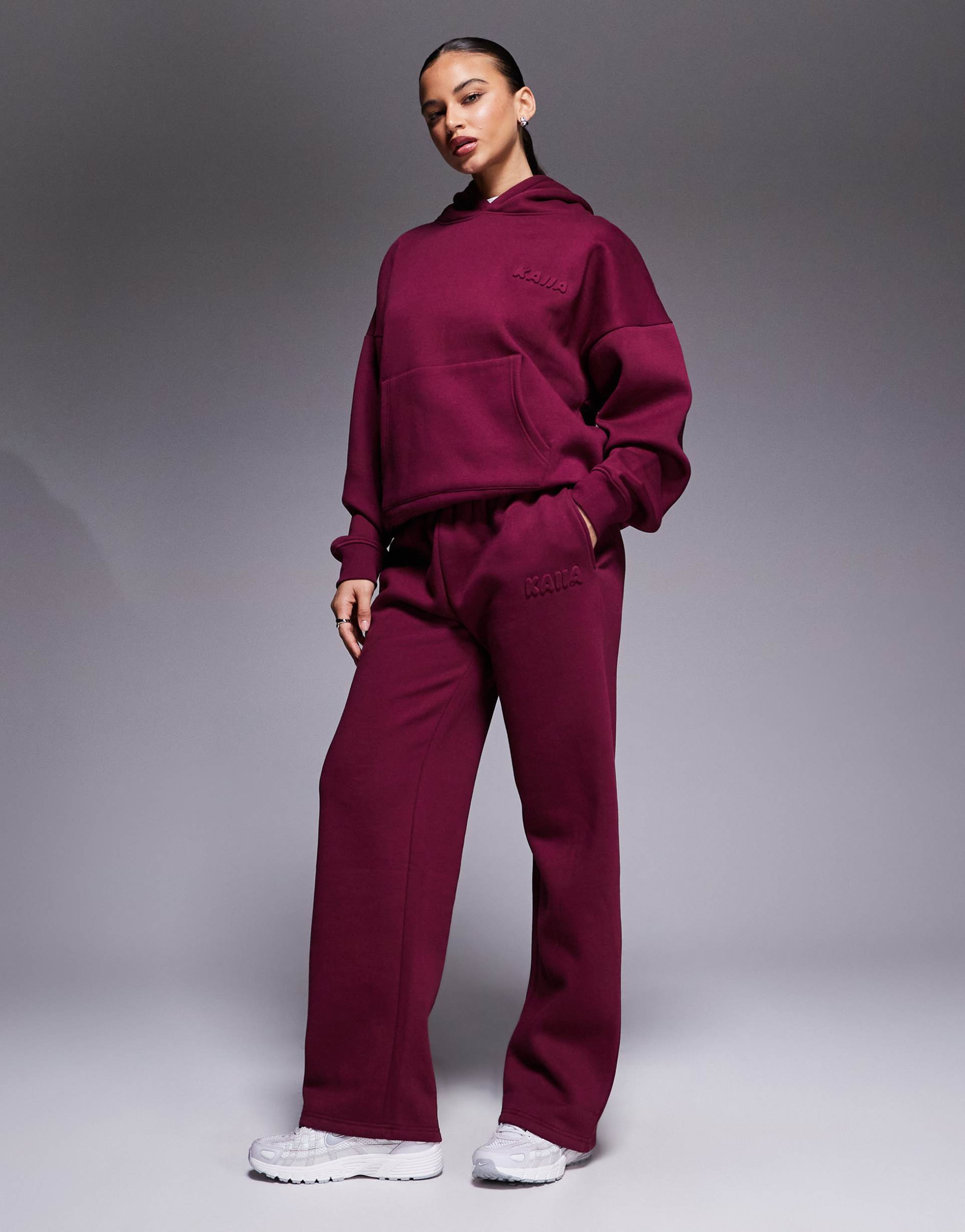kaiia cotton rich embossed logo wide leg sweatpants in burgundy - part of a set