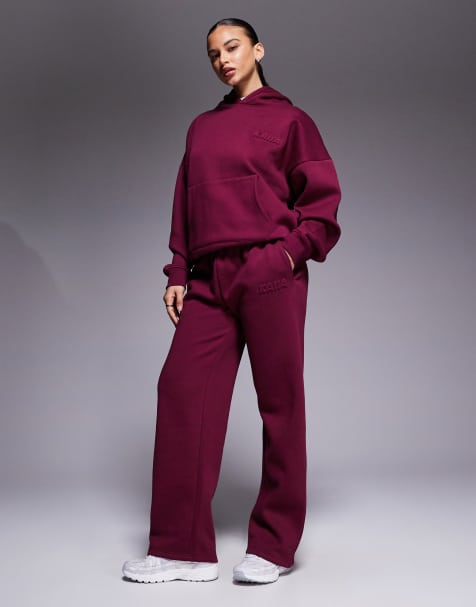 Kaiia cotton rich embossed logo wide leg trackies in burgundy (part of a set) - view 1