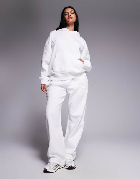 Kaiia cotton rich embossed logo wide leg trackies in white (part of a set) - view 1