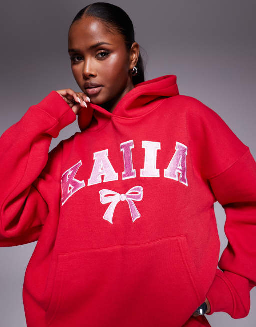 Kaiia cotton rich embroidered bow logo oversized hoodie co-ord in red and pink  