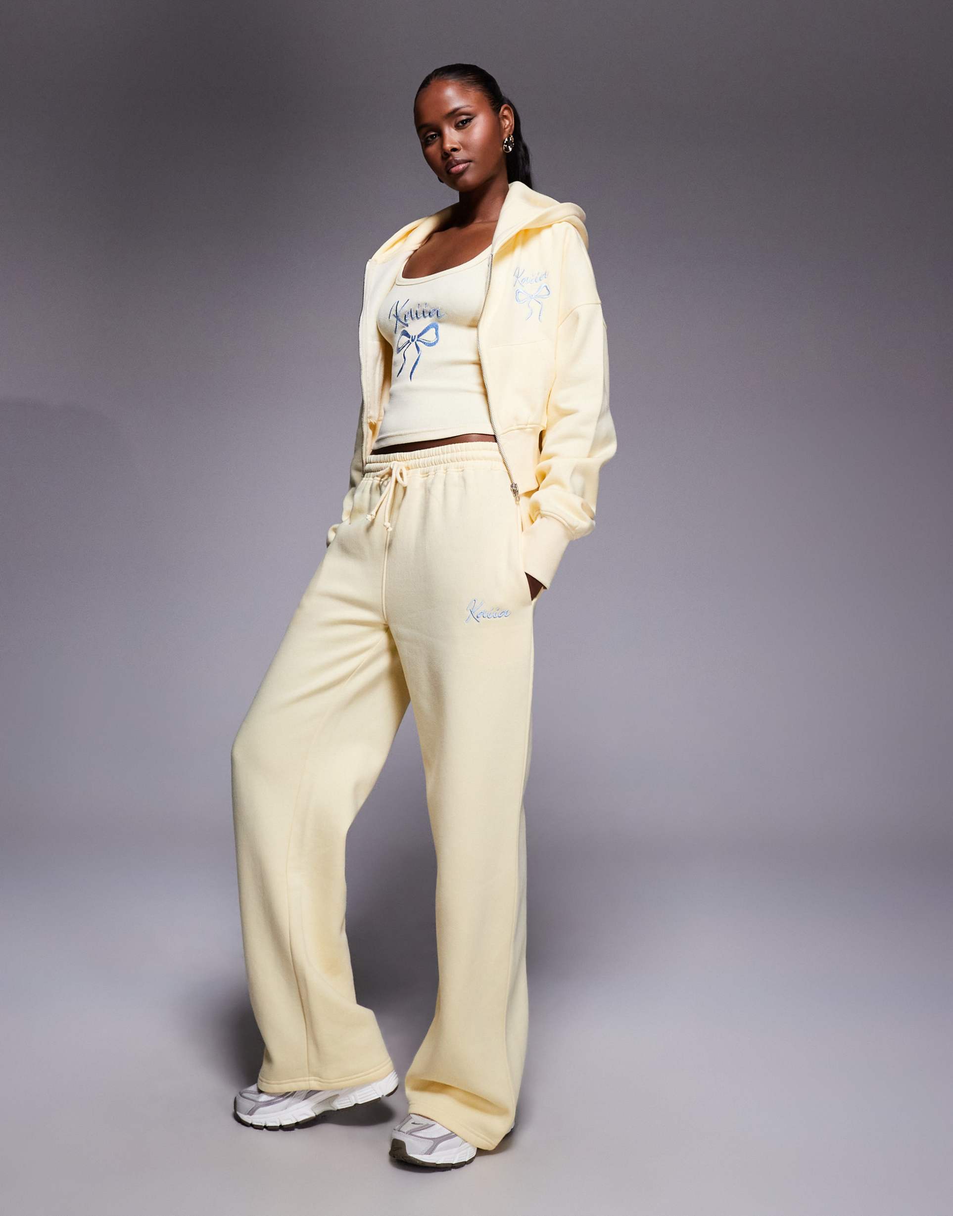 kaiia cotton rich embroidered bow logo wide leg sweatpants in lemon and blue - part of a set
