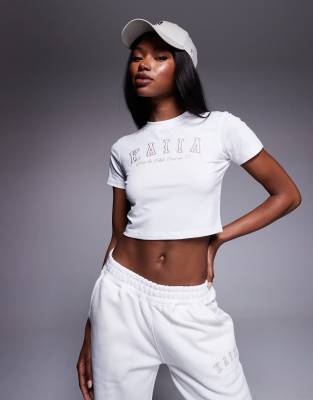 Kaiia Kaiia cotton rich embroidered logo baby tee co-ord in white and sand