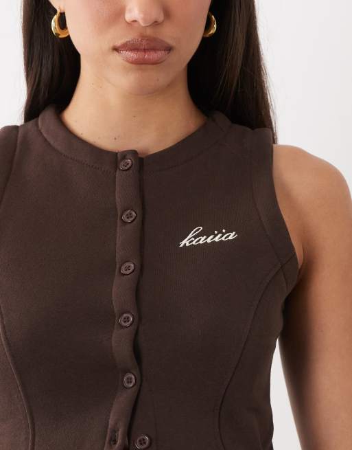 Kaiia cotton-rich embroidered logo button-through sweat waistcoat in chocolate (Part of a set), 3 of 4