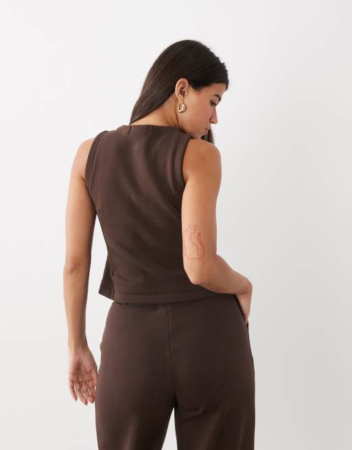 Kaiia cotton-rich embroidered logo button-through sweat waistcoat in chocolate (Part of a set), 4 of 4