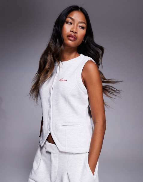 Kaiia cotton rich embroidered logo button through waistcoat co-ord in grey marl