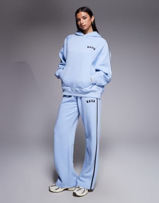 Kaiia Cotton Rich Embroidered Logo Contrast Stripe Detail Wide Leg Joggers Co-ord In Blue
