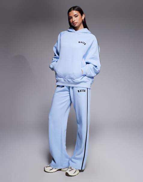 Kaiia cotton rich embroidered logo contrast stripe detail wide leg joggers co-ord in baby blue - view 1