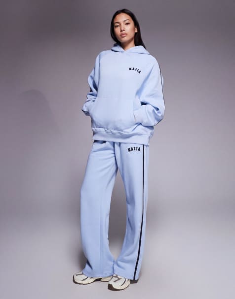 Kaiia cotton rich embroidered logo contrast stripe detailing wide leg sweatpants in baby blue - part of a set - view 1