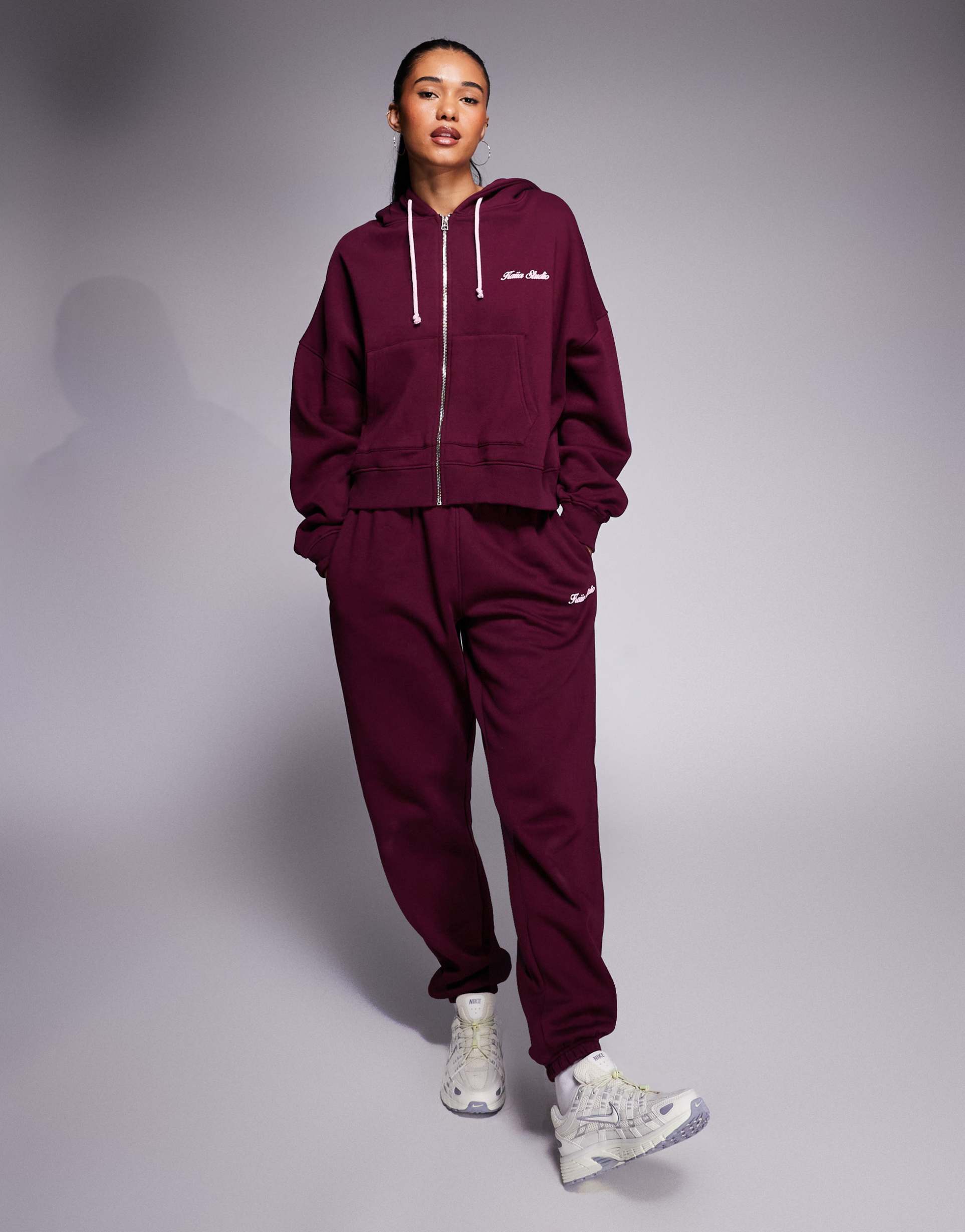 kaiia cotton rich embroidered logo cuffed sweatpants in burgundy and pink - part of a set