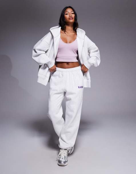 Kaiia cotton rich embroidered logo cuffed sweatpants in light gray - part of a set - view 1