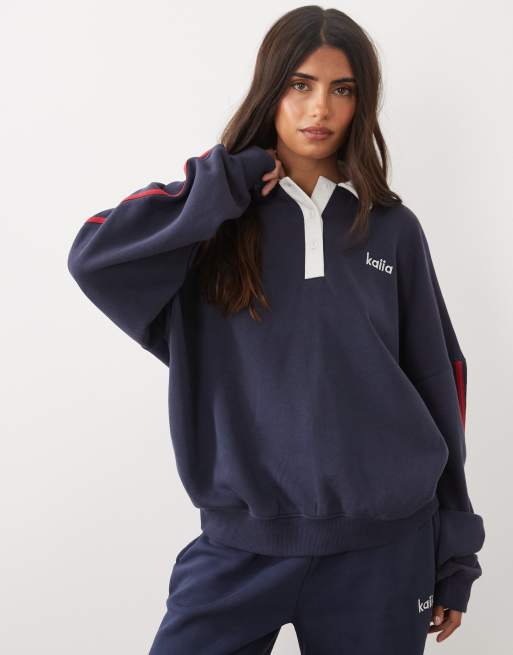 Kaiia cotton rich embroidered logo detail collared side stripe rugby sweatshirt co-ord in navy and red, 2 of 4